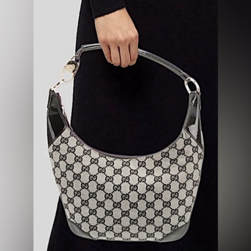 Gucci GG Monogram Canvas Patent Leather Hobo Bag Black GHW With COA Looks New - Picture 2 of 13